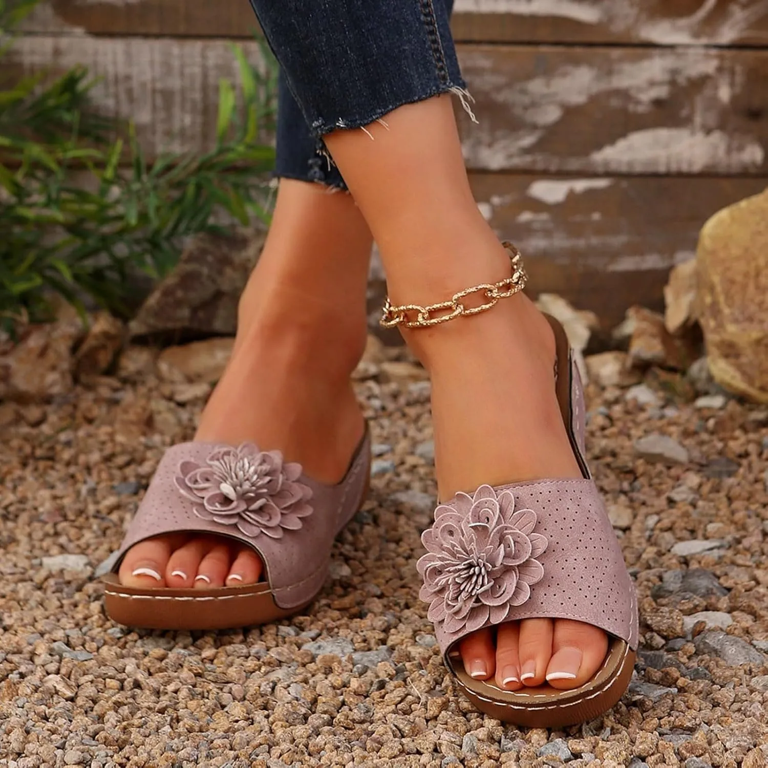 Summer Sandals for Women 2025 Low Wedge Sandal Retro Bohemian Suede Leather Floral Breathable Slip On Orthopedic Arch Support Slide Sandals Vacation Party Shoes