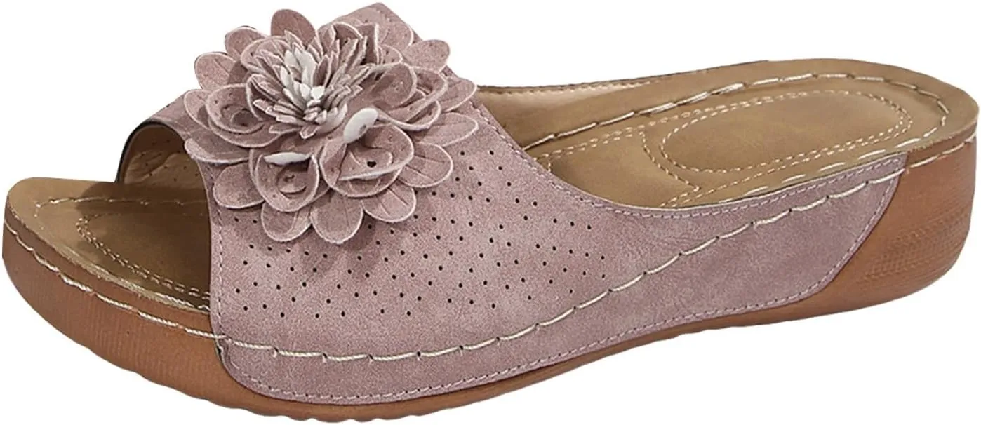 Summer Sandals for Women 2025 Low Wedge Sandal Retro Bohemian Suede Leather Floral Breathable Slip On Orthopedic Arch Support Slide Sandals Vacation Party Shoes