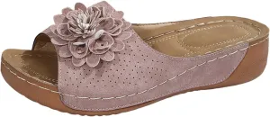 Summer Sandals for Women 2025 Low Wedge Sandal Retro Bohemian Suede Leather Floral Breathable Slip On Orthopedic Arch Support Slide Sandals Vacation Party Shoes