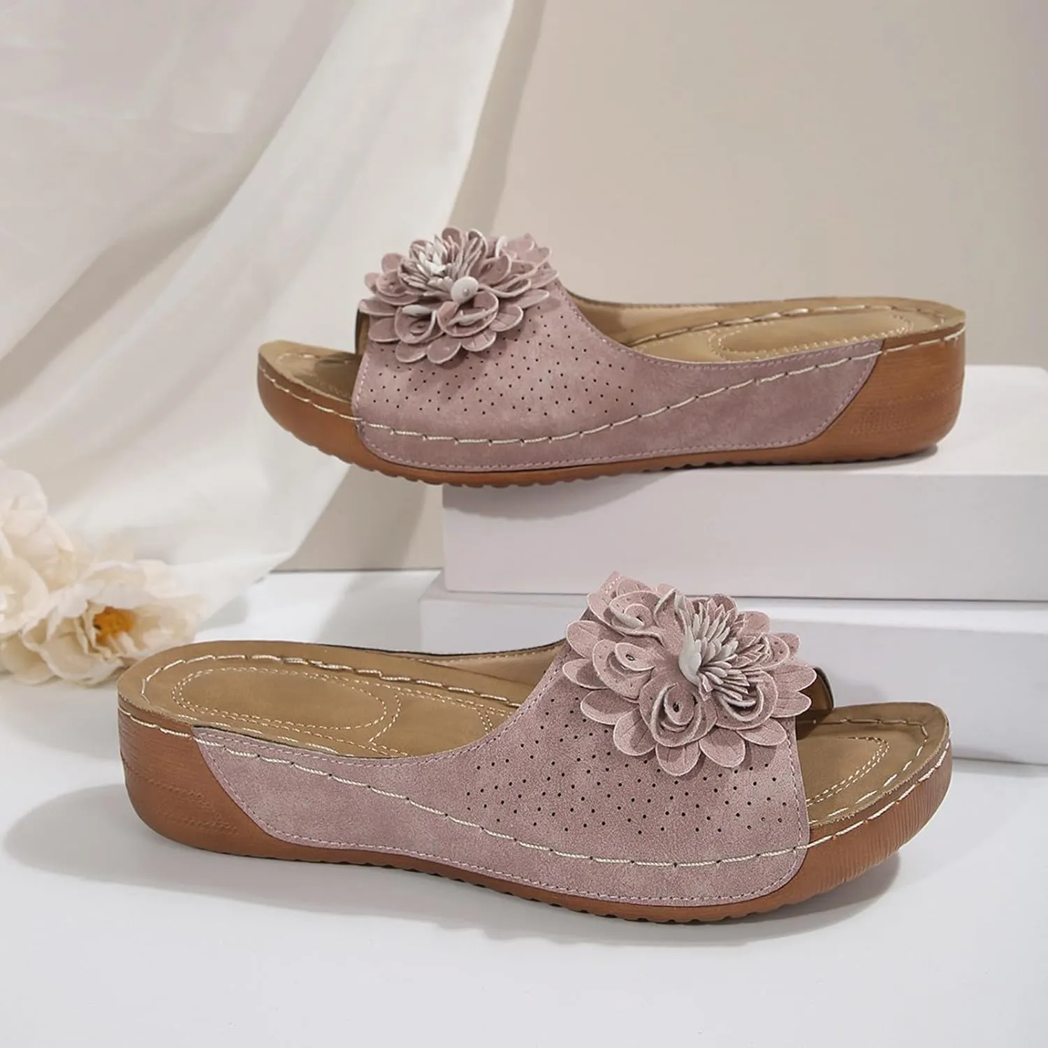 Summer Sandals for Women 2025 Low Wedge Sandal Retro Bohemian Suede Leather Floral Breathable Slip On Orthopedic Arch Support Slide Sandals Vacation Party Shoes