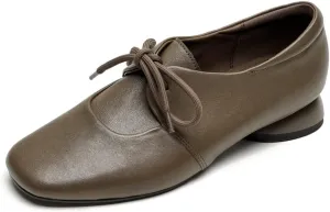 TinaCus Genuine Leather Women's Round Toe Handmade Selftie Low Chunky Heels Casual Oxford Shoes