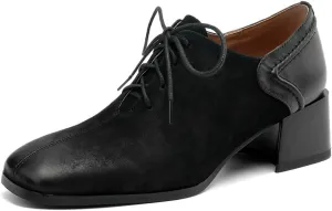 TinaCus Soft Genuine Leather Handmade Chunky Heels Women's Square Toe Lace Up Oxford Shoes