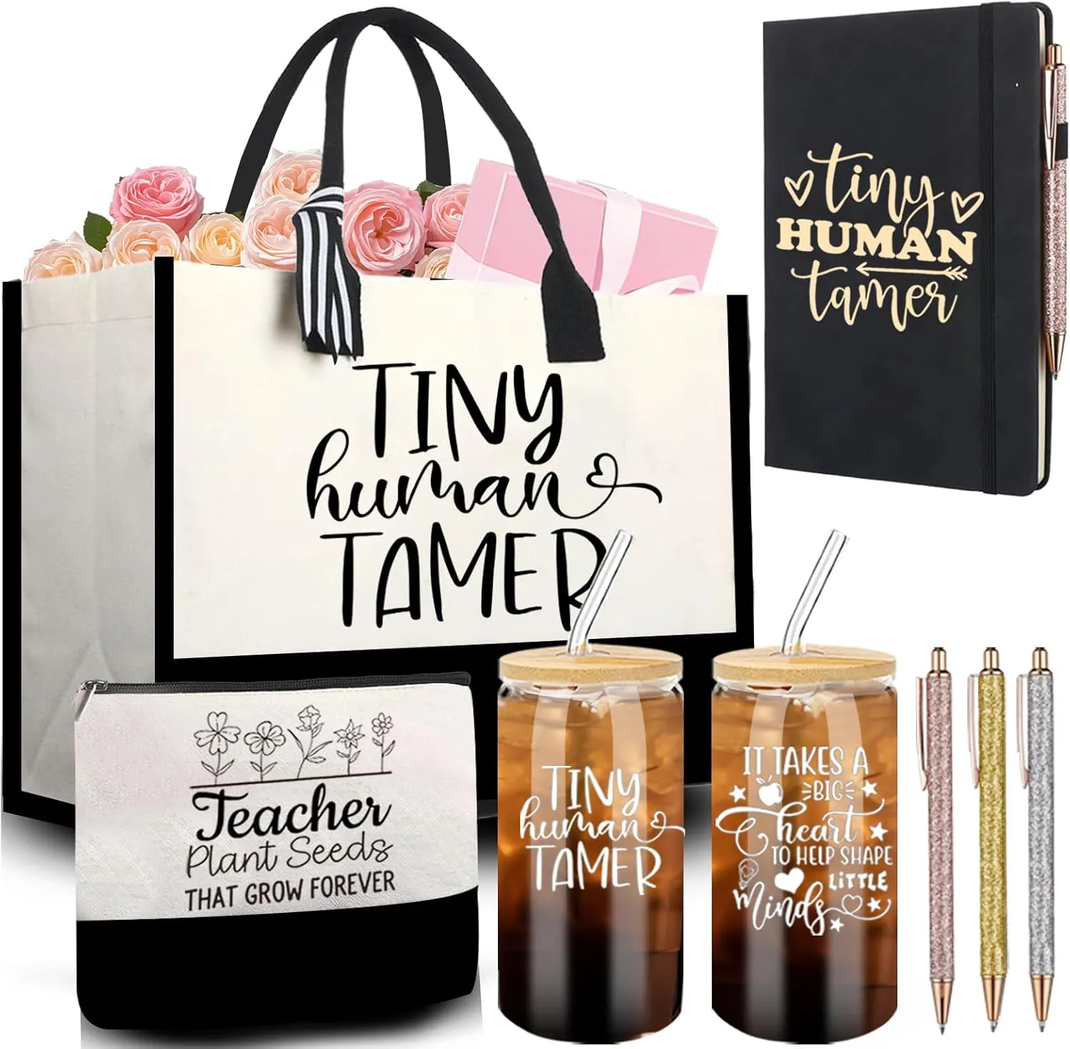 Topphpoy 7 Pcs Teacher Appreciation Gifts Tiny Human Tamer Teacher Canvas Tote Bag 16 oz Can Shaped Glass Cup Ballpoint Pens Makeup Bag for Grad Daycare Preschool Thank You Teacher Gifts