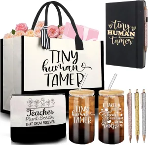 Topphpoy 7 Pcs Teacher Appreciation Gifts Tiny Human Tamer Teacher Canvas Tote Bag 16 oz Can Shaped Glass Cup Ballpoint Pens Makeup Bag for Grad Daycare Preschool Thank You Teacher Gifts