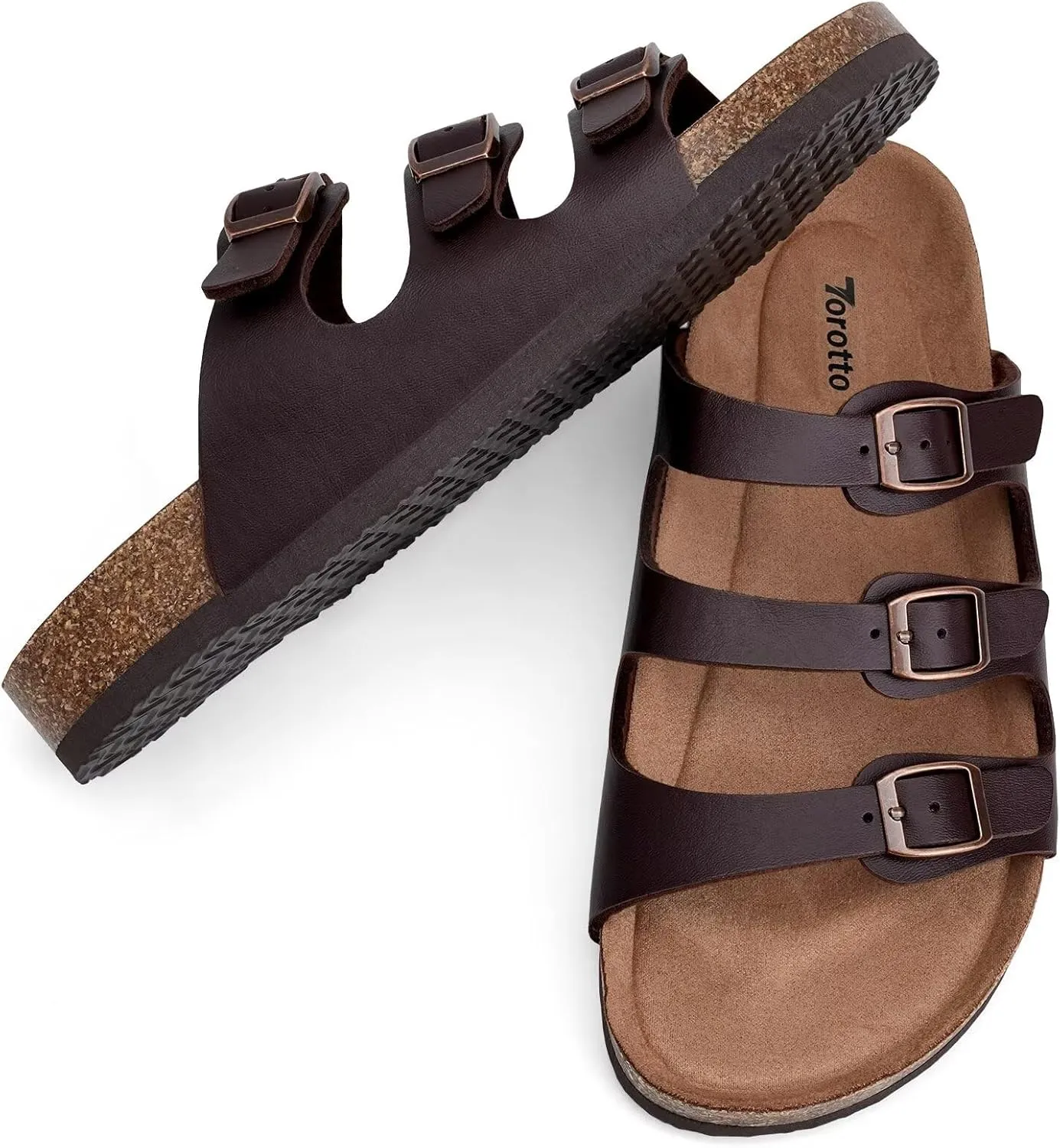 Torotto Mens Slides with Cork Footbed Open Toe Adjustable Webbing Flat Sandals for Walking | Beach | Indoor