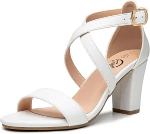 Trary Women's Sandal, White, Block Heel, Ankle Strap, Size 5-11.5, Formal Occasion Attendees