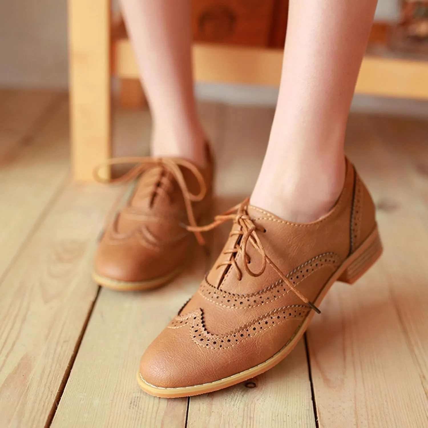 Vintage Wingtip Oxfords Chunky Low Heels Brogues Lace Up Round Toe Pump Dress Shoes