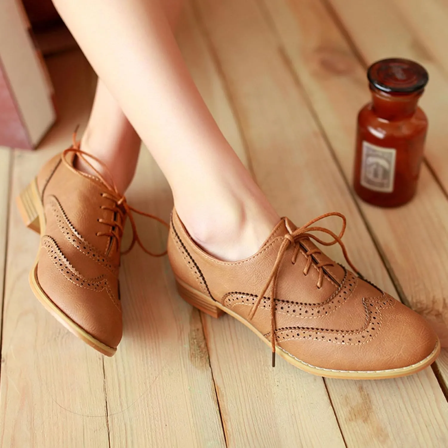 Vintage Wingtip Oxfords Chunky Low Heels Brogues Lace Up Round Toe Pump Dress Shoes