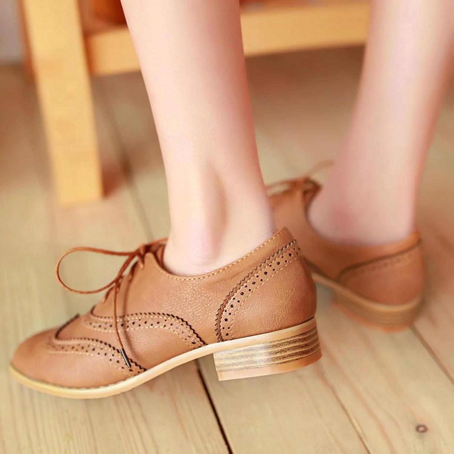 Vintage Wingtip Oxfords Chunky Low Heels Brogues Lace Up Round Toe Pump Dress Shoes
