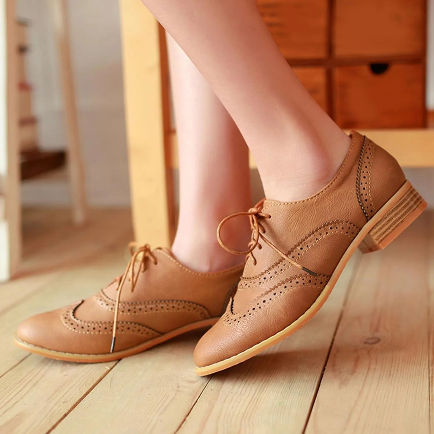 Vintage Wingtip Oxfords Chunky Low Heels Brogues Lace Up Round Toe Pump Dress Shoes