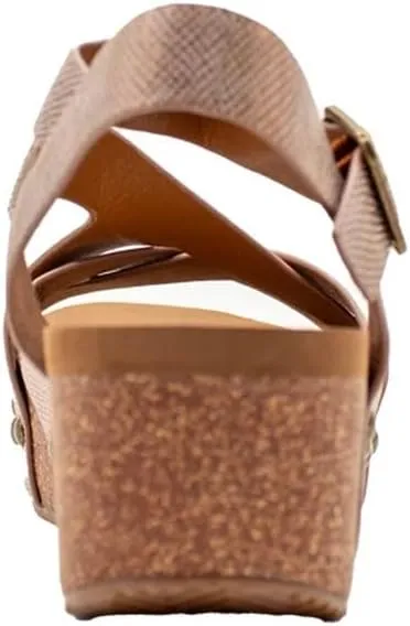 VOLATILE Womens Sandcastle Metallic Ankle Strap Casual Sandals Casual Mid Heel 2-3" - Beige