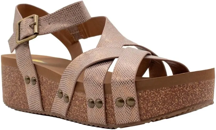 VOLATILE Womens Sandcastle Metallic Ankle Strap Casual Sandals Casual Mid Heel 2-3" - Beige