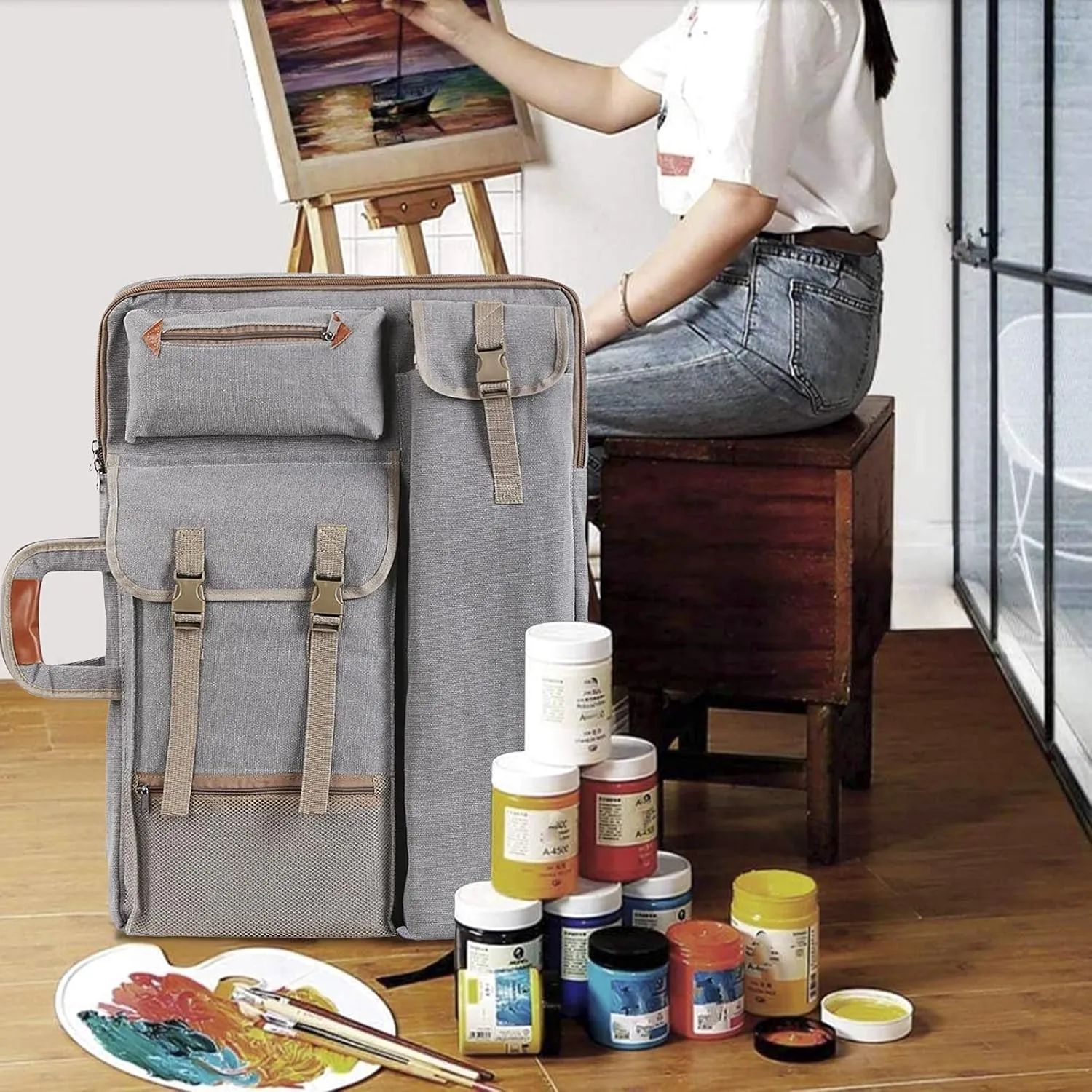 Waterproof Art/Craft Supplies Storage Tote Bag Artist Travel Portfolio Carrying Bag Case Painting Box Large Messenger Bag for Painting Brushes Pencils Palette Paints Sketchbook (Grey1)