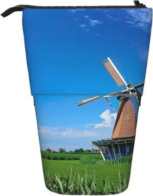 Windmill Blue print Telescopic Pencil Bag Pen Holder Stand-up Retractable Standing Organizer Office Bag