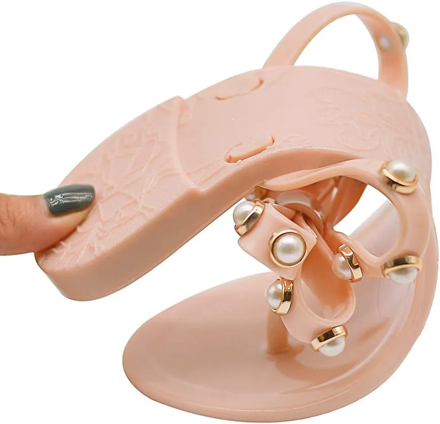 Women Flip-Flops Jelly Thong Rubber Strap Pearled Bow Sandals Beach Flat Rivets Rain Shoes