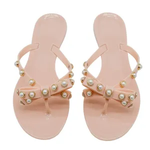 Women Flip-Flops Jelly Thong Rubber Strap Pearled Bow Sandals Beach Flat Rivets Rain Shoes