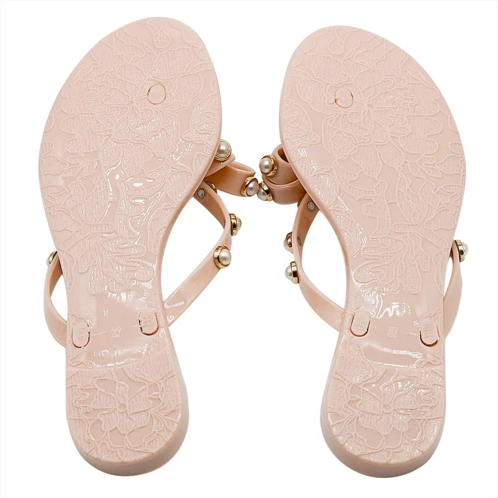 Women Flip-Flops Jelly Thong Rubber Strap Pearled Bow Sandals Beach Flat Rivets Rain Shoes