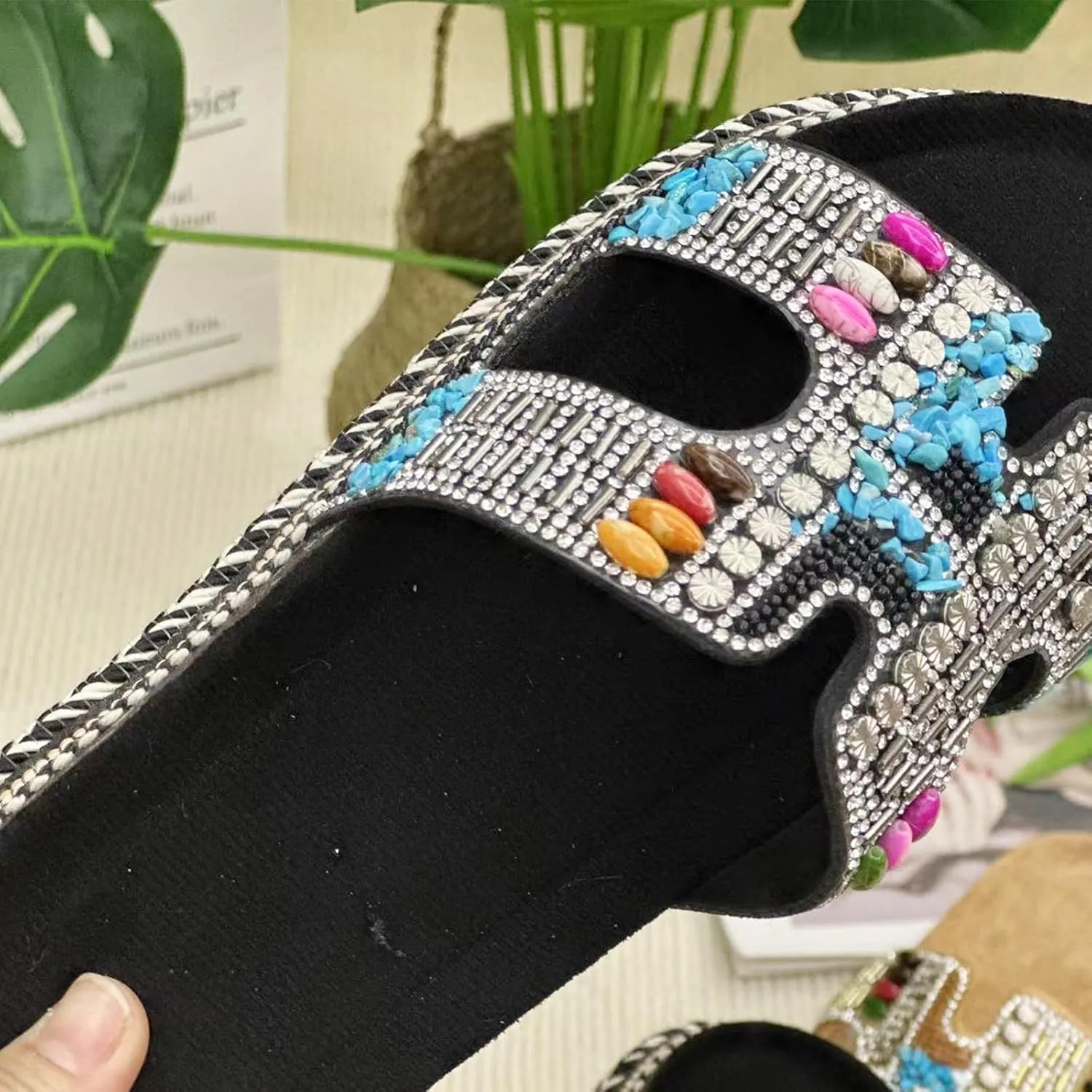Women Sandals Rhinestone Glitter Slides Summer Platform Sandals Comfy Slides House Slippers H Slide Sandal