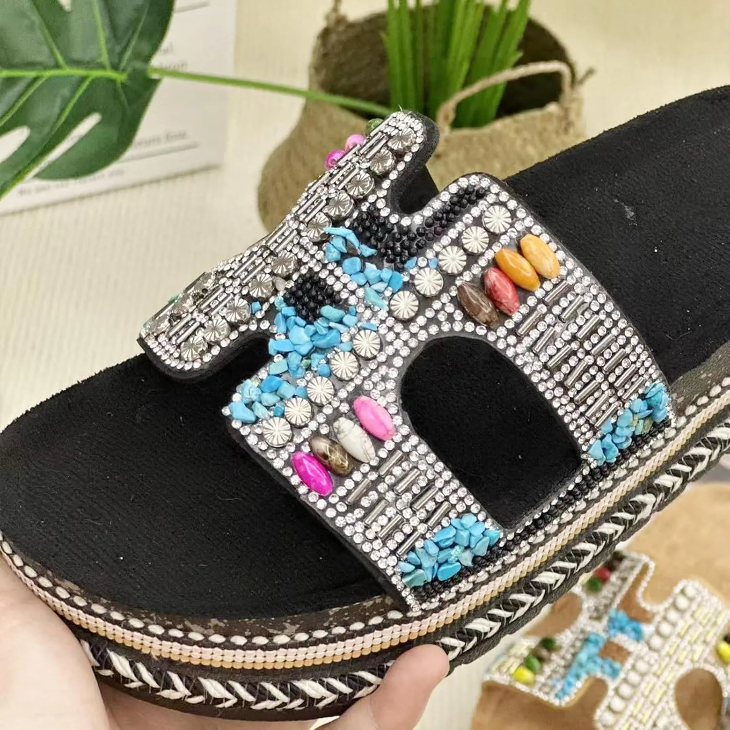 Women Sandals Rhinestone Glitter Slides Summer Platform Sandals Comfy Slides House Slippers H Slide Sandal