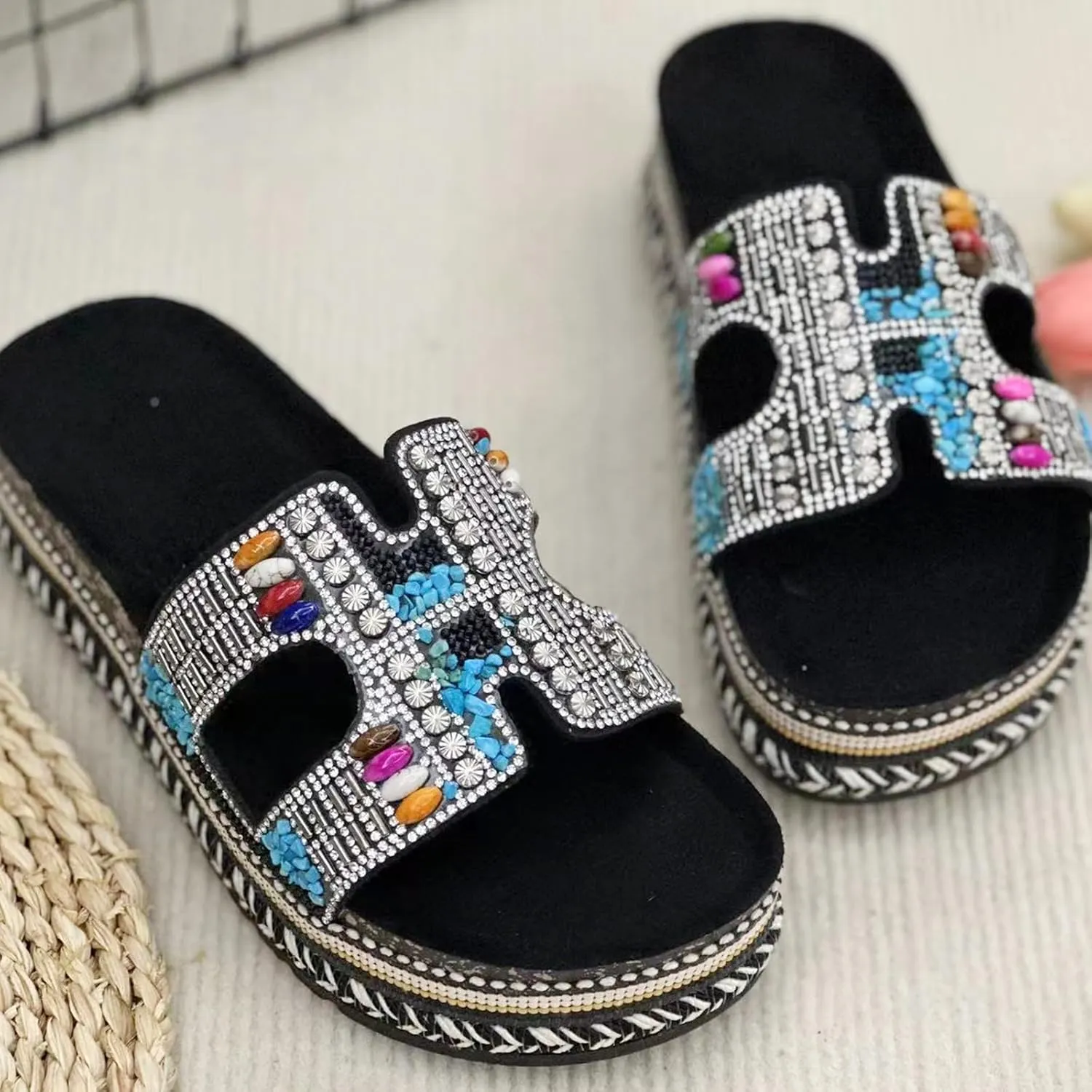 Women Sandals Rhinestone Glitter Slides Summer Platform Sandals Comfy Slides House Slippers H Slide Sandal