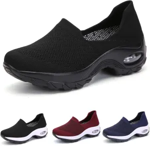 Women's Air Cushioned Arch Support Walking Shoes,Breathable Slip On Non-Slip Orthopedic Diabetic Wedge Platform Sneakers (All Black,8)