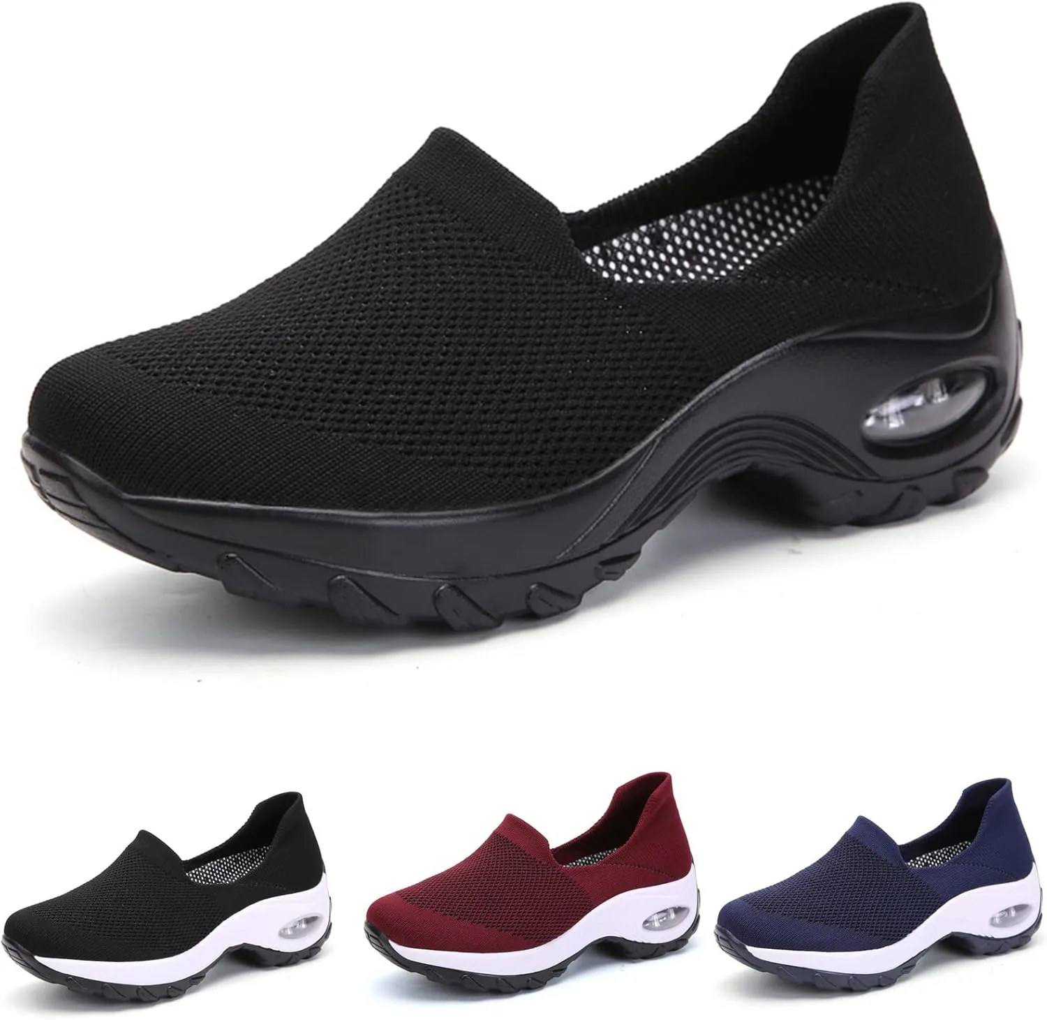 Women's Air Cushioned Arch Support Walking Shoes,Breathable Slip On Non-Slip Orthopedic Diabetic Wedge Platform Sneakers (All Black,8)