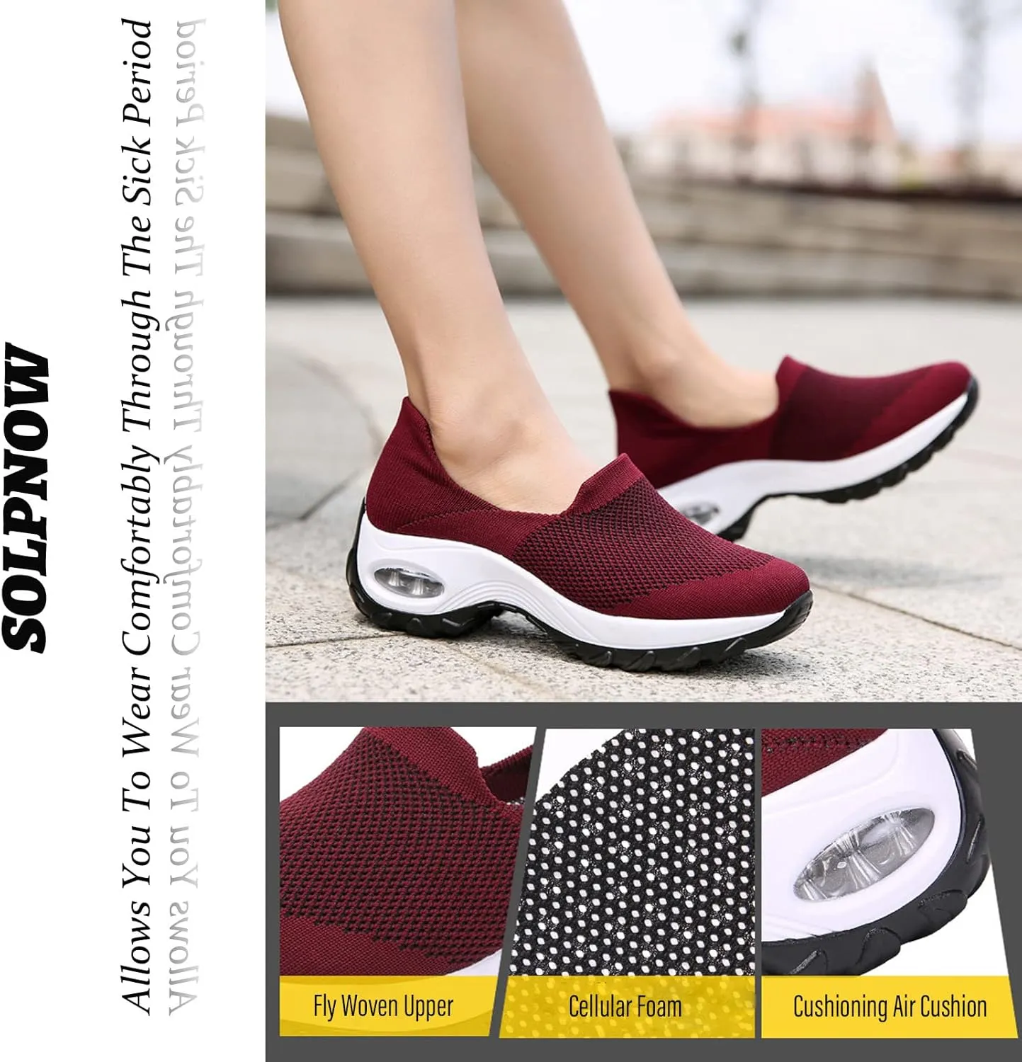 Women's Air Cushioned Arch Support Walking Shoes,Breathable Slip On Non-Slip Orthopedic Diabetic Wedge Platform Sneakers (All Black,8)