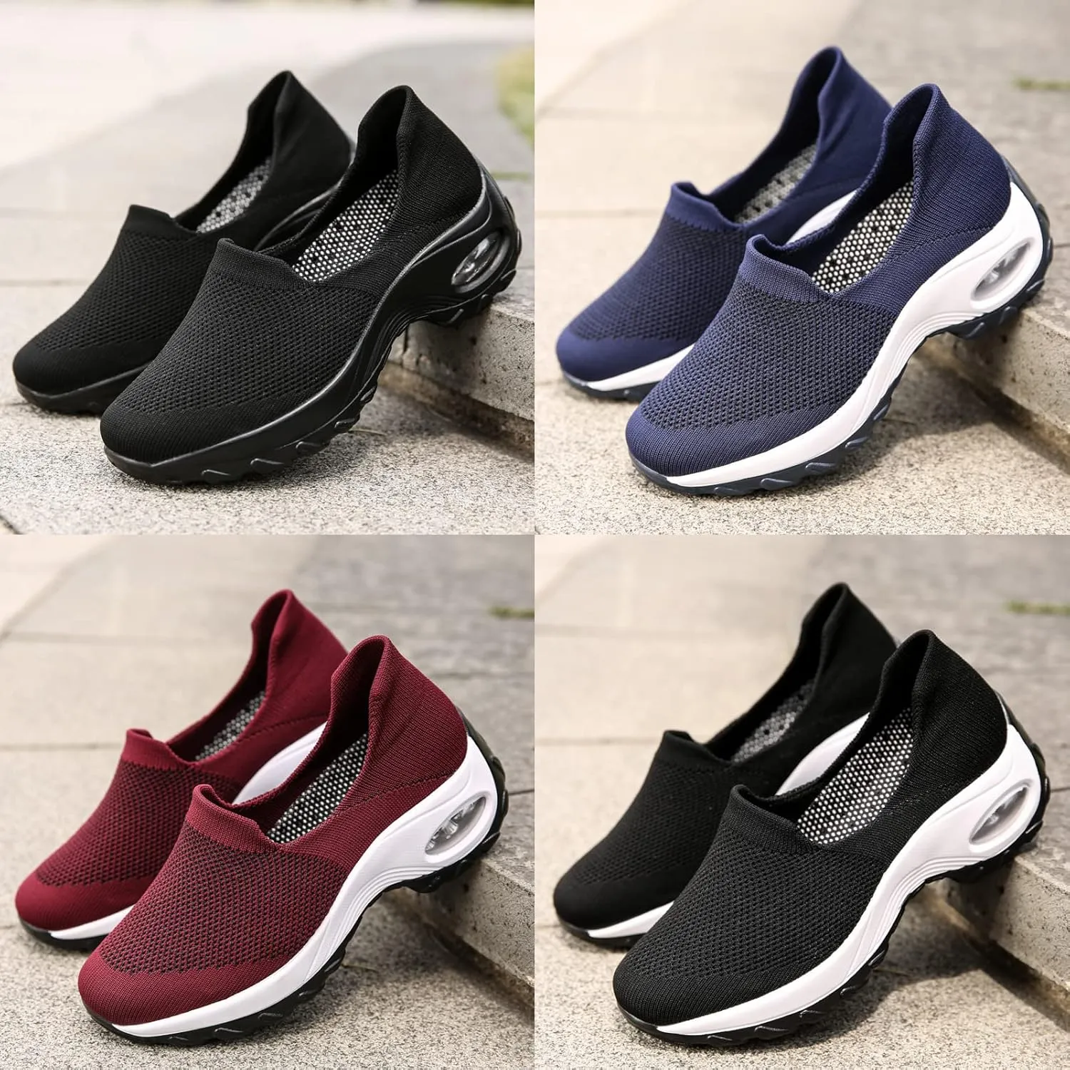 Women's Air Cushioned Arch Support Walking Shoes,Breathable Slip On Non-Slip Orthopedic Diabetic Wedge Platform Sneakers (All Black,8)
