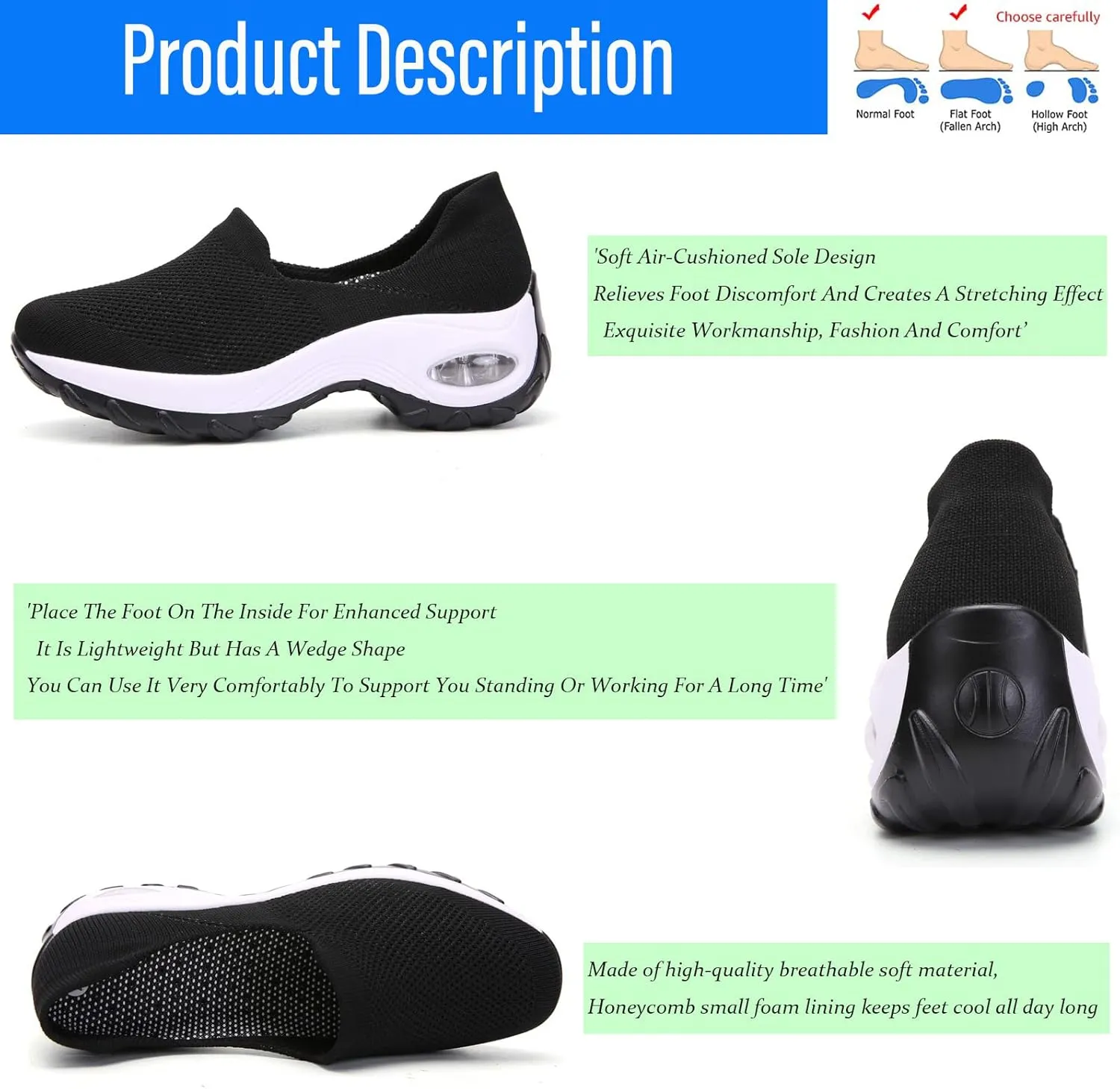 Women's Air Cushioned Arch Support Walking Shoes,Breathable Slip On Non-Slip Orthopedic Diabetic Wedge Platform Sneakers (All Black,8)