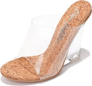 Women's Clear Wedge Heels - 4 Inch Open Toe Chunky Heels with Transparent Upper & Genuine Leather Sole | Slip-On Comfortable Dress Shoes | Fashion Platform Sandals (Lemonade.A)