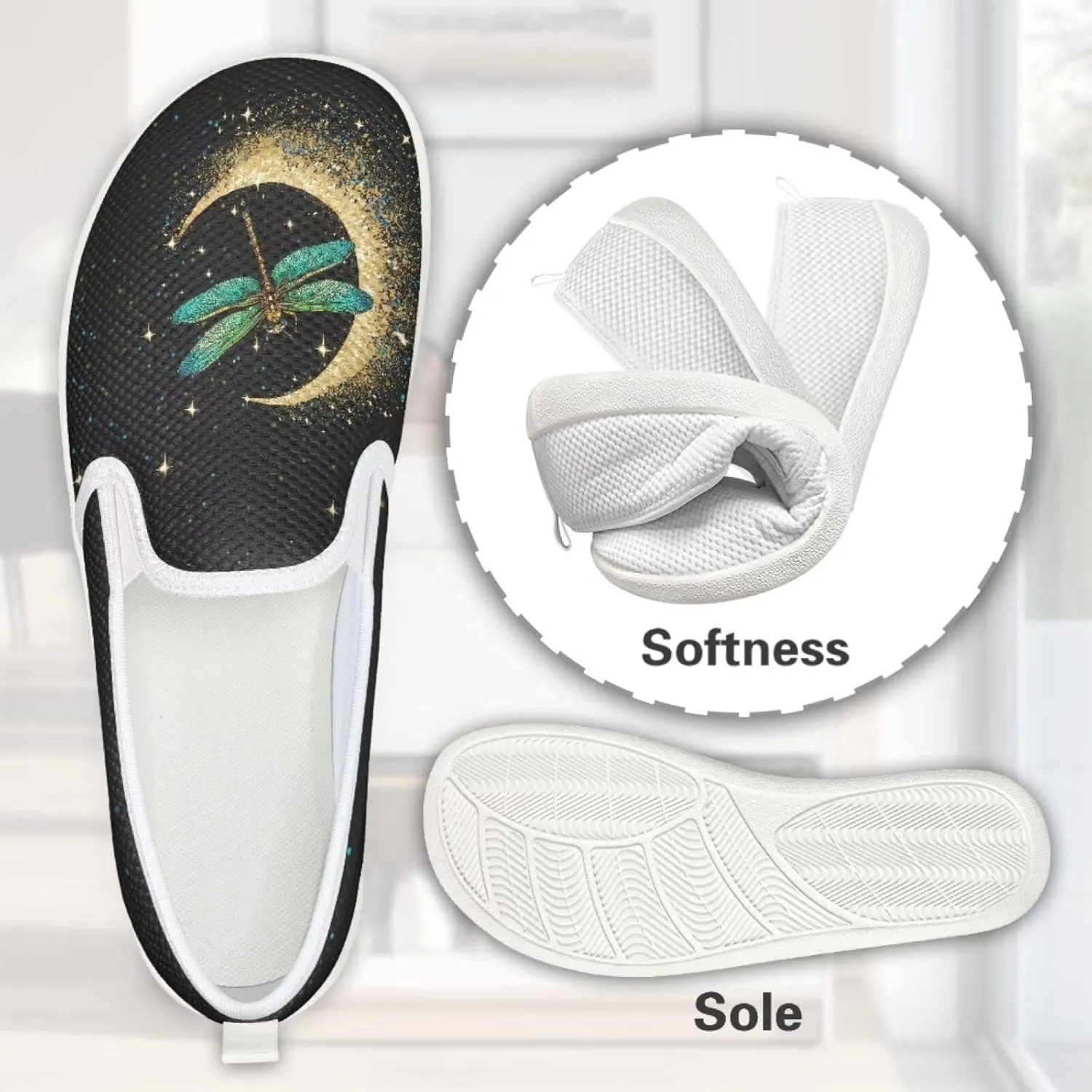 Womens Dragonfly Print Walking Flat Shoes Mesh Hiking Loafer Wide Toe Travel Outdoor Leisure Shoes