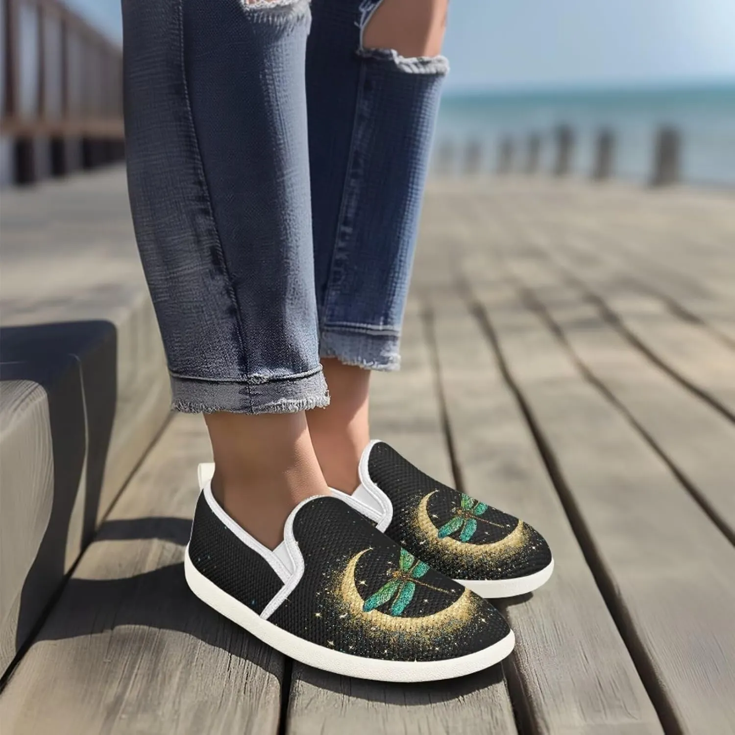 Womens Dragonfly Print Walking Flat Shoes Mesh Hiking Loafer Wide Toe Travel Outdoor Leisure Shoes