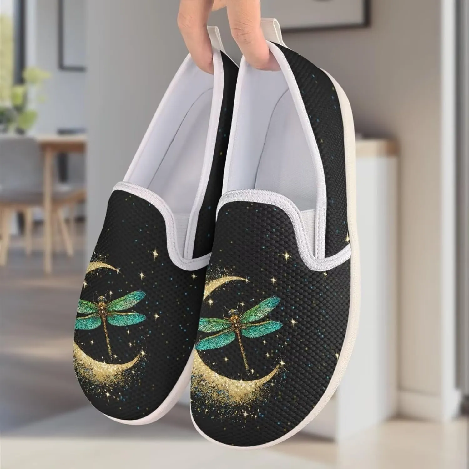 Womens Dragonfly Print Walking Flat Shoes Mesh Hiking Loafer Wide Toe Travel Outdoor Leisure Shoes