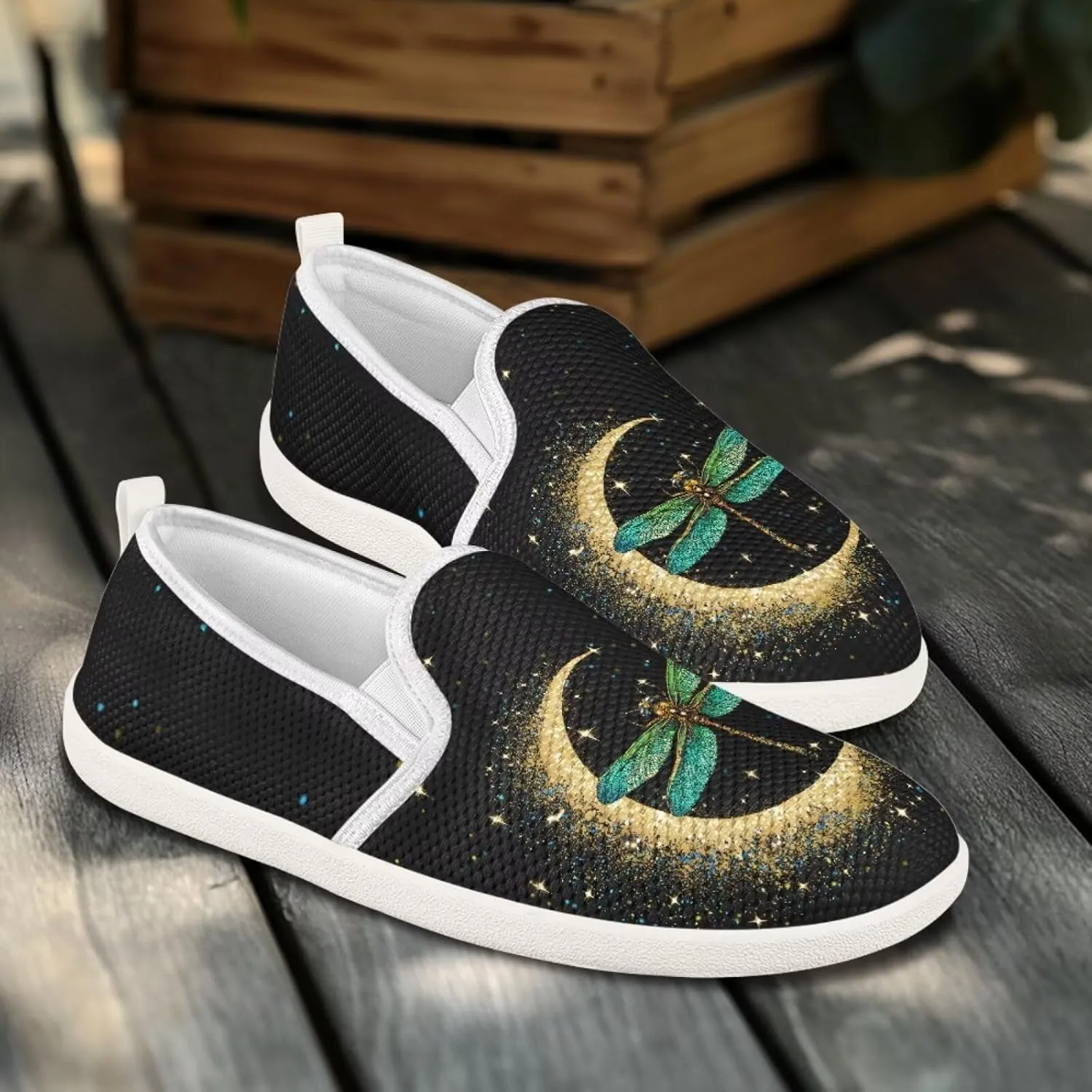 Womens Dragonfly Print Walking Flat Shoes Mesh Hiking Loafer Wide Toe Travel Outdoor Leisure Shoes
