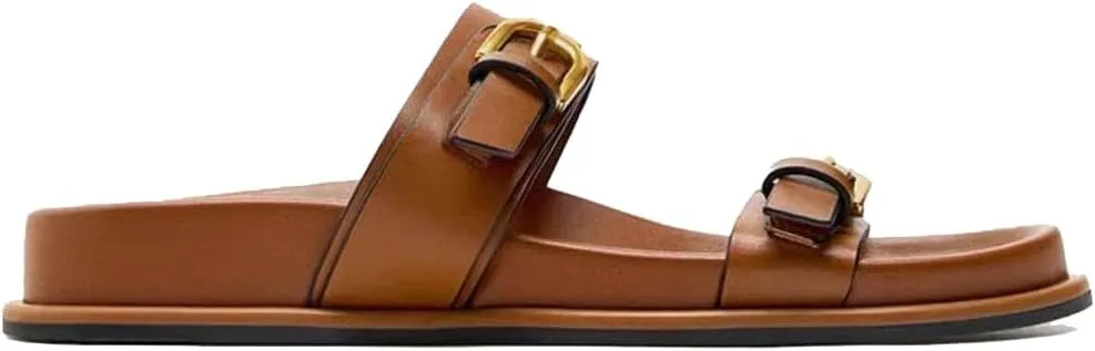 Women's Flat Sandals Open Toe Double Buckle Adjustable Slide Sandal Rubber Footbed Summer Comfort Slippers
