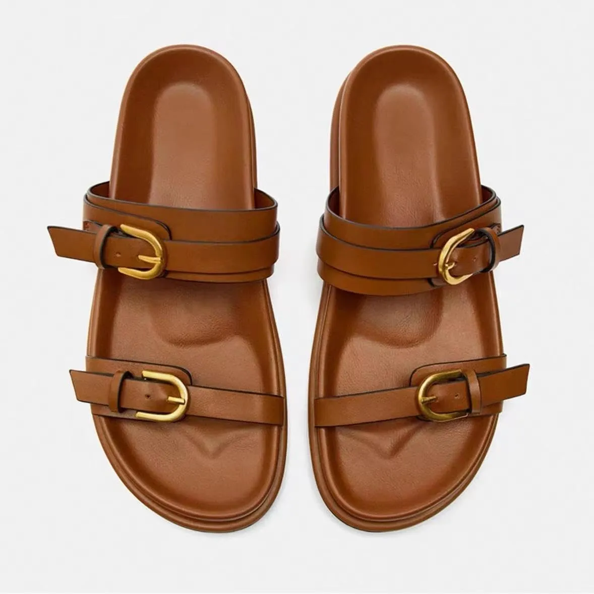 Women's Flat Sandals Open Toe Double Buckle Adjustable Slide Sandal Rubber Footbed Summer Comfort Slippers