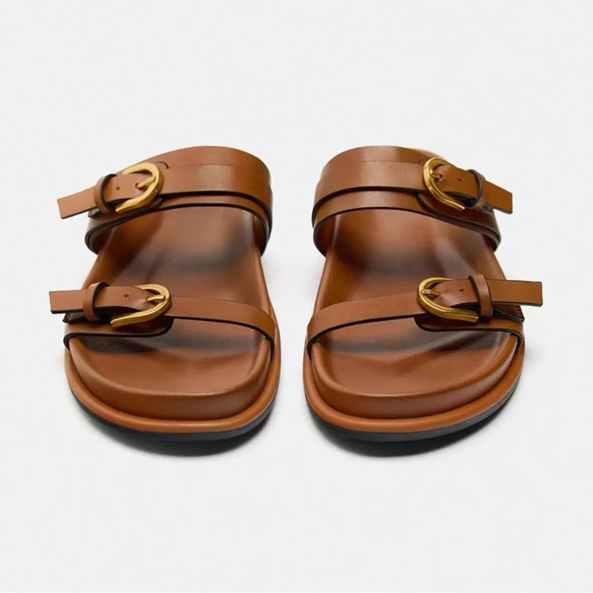 Women's Flat Sandals Open Toe Double Buckle Adjustable Slide Sandal Rubber Footbed Summer Comfort Slippers