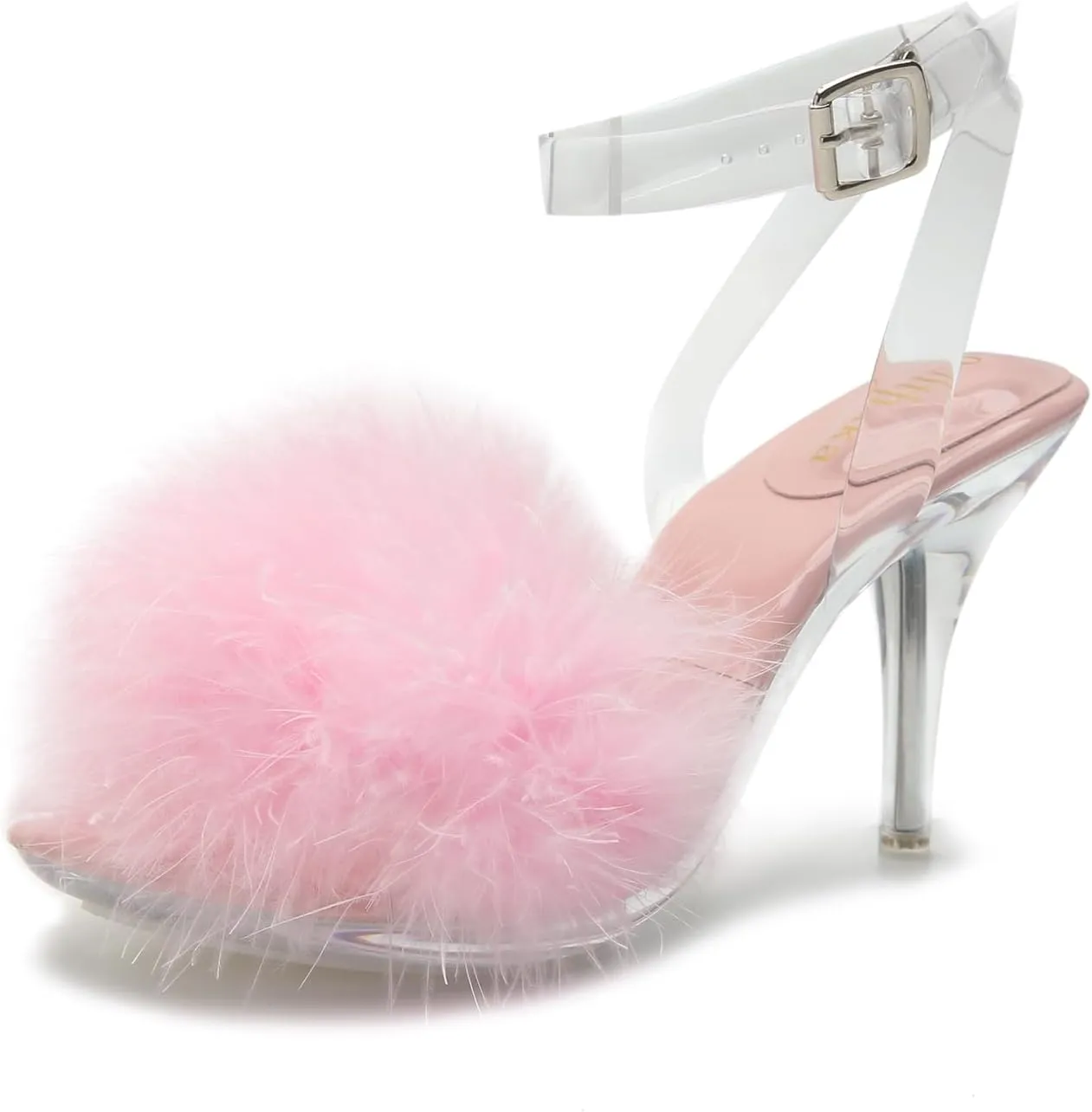 Women's Fuzzy Clear Heels Ankle StrapStilettos Heels Mules Sandals Fluffy Feather Slip On High Heeled Party Prom Dresses Shoes