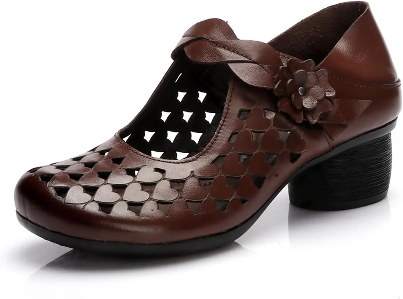 Women's Leather Hollow Chunky Heel Mary Janes Casual Round Toe Hook and Loop Soft Non-Slip Dress Pumps Comfort Flower Evening Dating Sandals