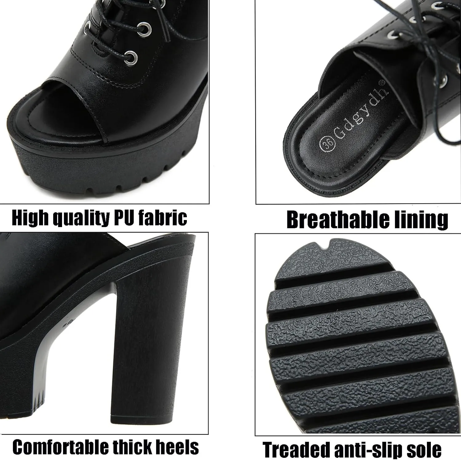 Womens Leather Platform Chunky Heel Wedge Slippers Classic Fish Mouth Lace Up Slip On Lug Sole High Block Heel Dress Slipper Sandals for Formal Party Wedding