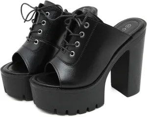 Womens Leather Platform Chunky Heel Wedge Slippers Classic Fish Mouth Lace Up Slip On Lug Sole High Block Heel Dress Slipper Sandals for Formal Party Wedding