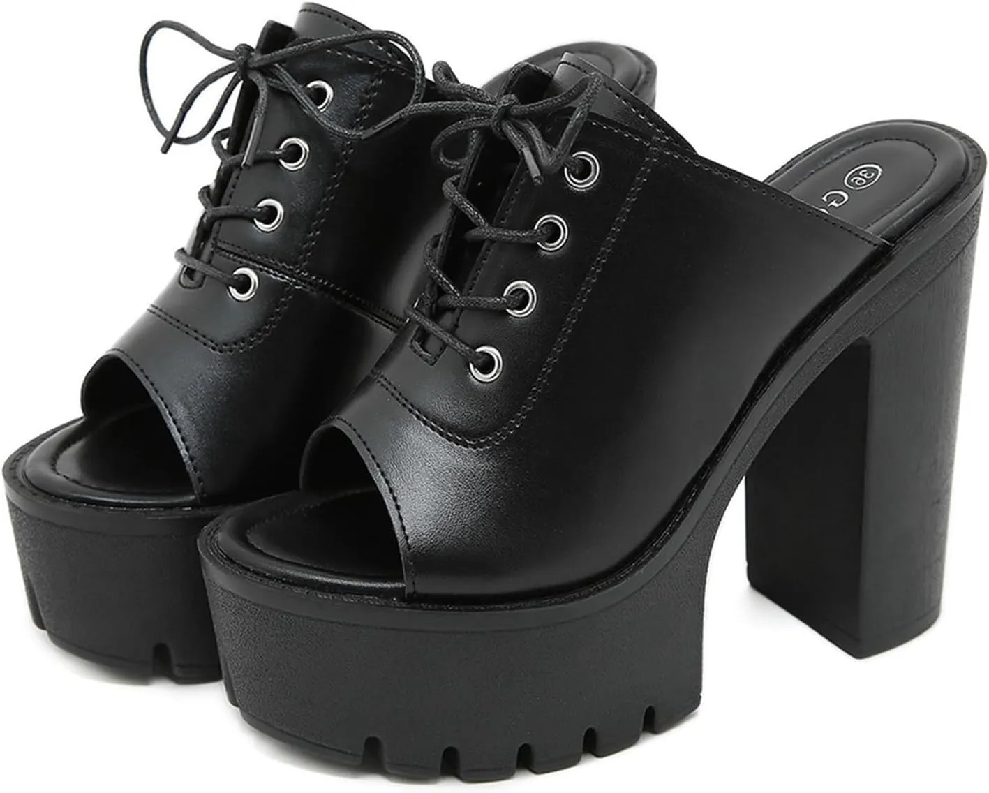 Womens Leather Platform Chunky Heel Wedge Slippers Classic Fish Mouth Lace Up Slip On Lug Sole High Block Heel Dress Slipper Sandals for Formal Party Wedding