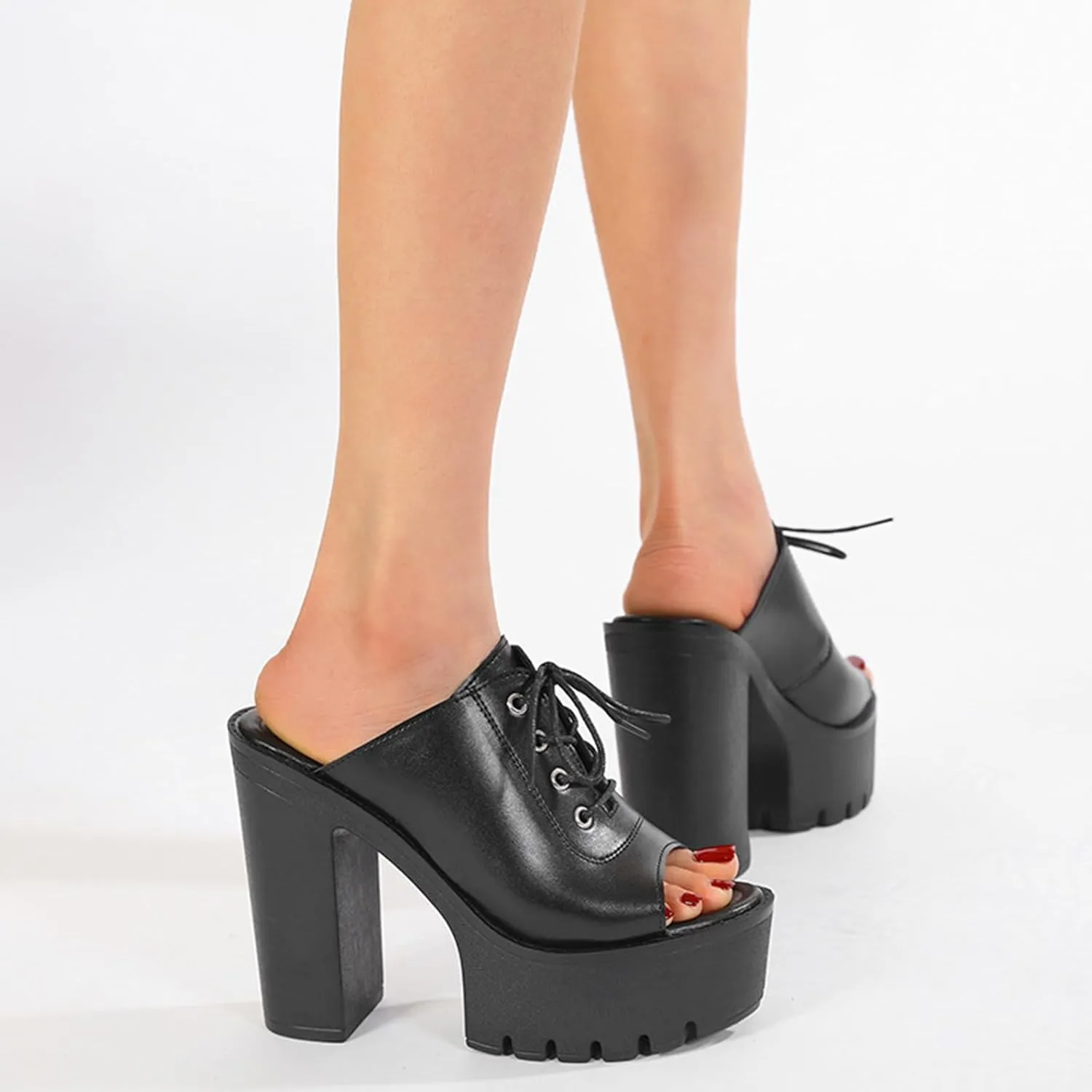 Womens Leather Platform Chunky Heel Wedge Slippers Classic Fish Mouth Lace Up Slip On Lug Sole High Block Heel Dress Slipper Sandals for Formal Party Wedding