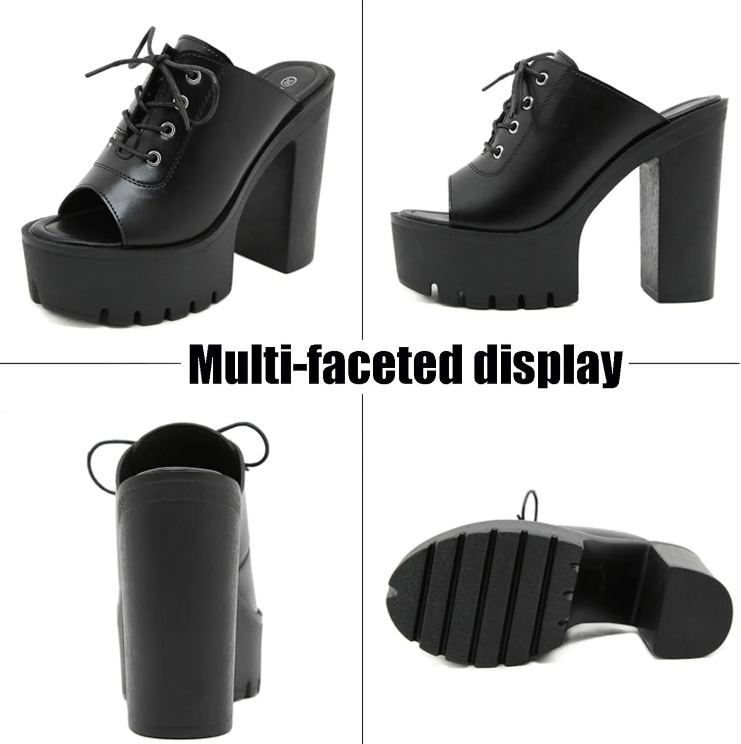 Womens Leather Platform Chunky Heel Wedge Slippers Classic Fish Mouth Lace Up Slip On Lug Sole High Block Heel Dress Slipper Sandals for Formal Party Wedding
