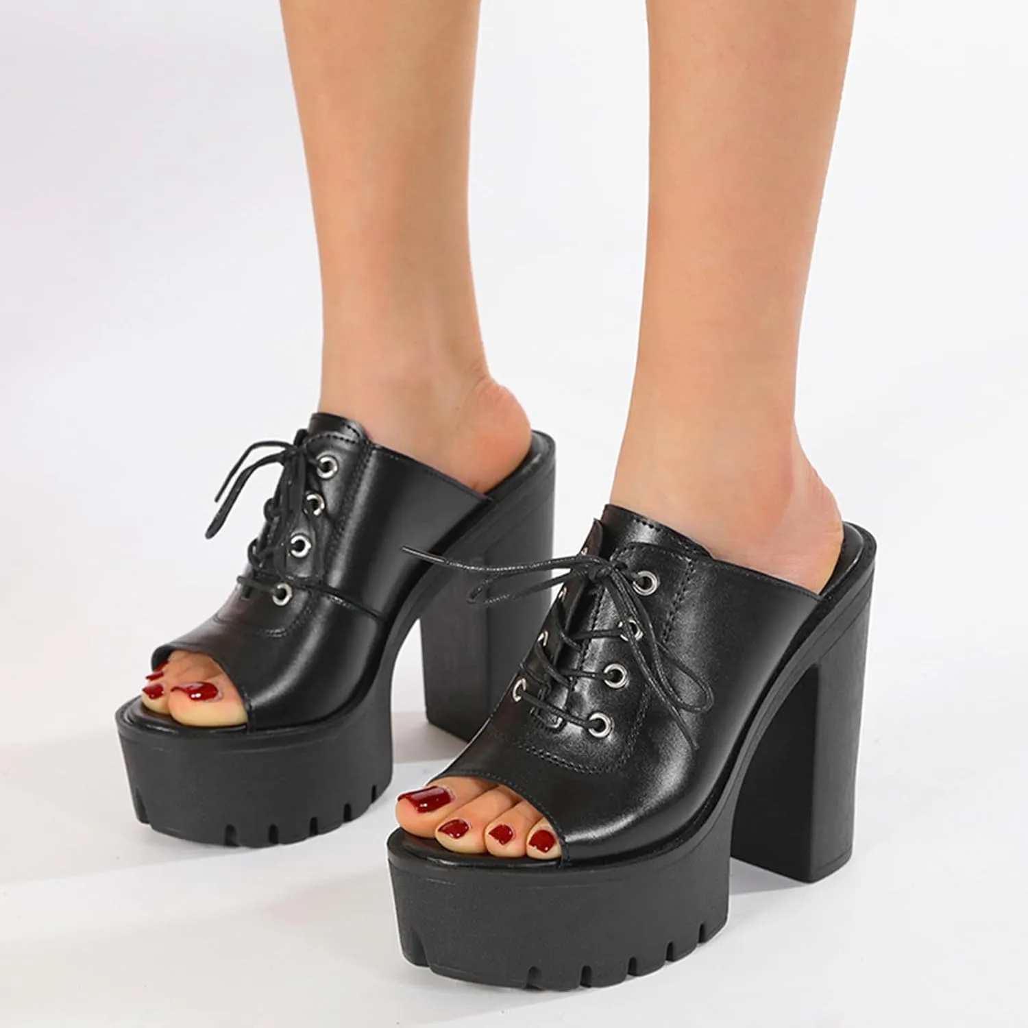 Womens Leather Platform Chunky Heel Wedge Slippers Classic Fish Mouth Lace Up Slip On Lug Sole High Block Heel Dress Slipper Sandals for Formal Party Wedding