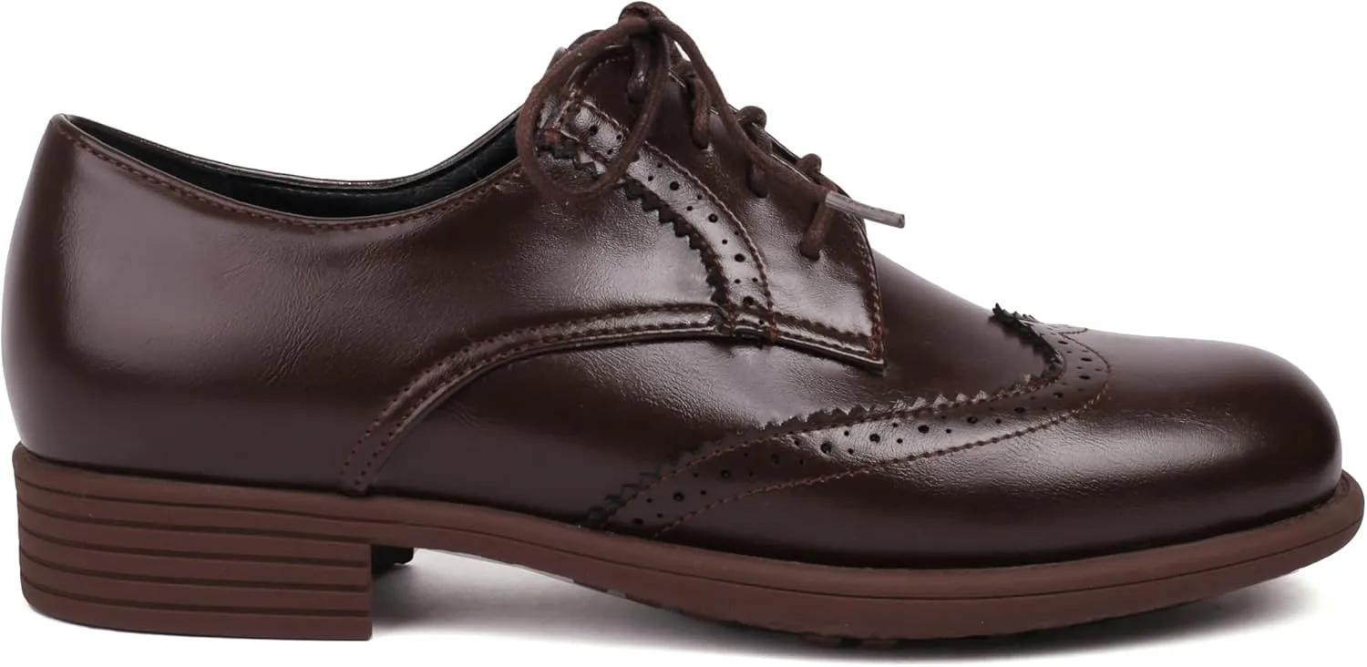 Women's Oxford Shoes Leather Brogues Chunky Heels Lace-up Dress Shoes