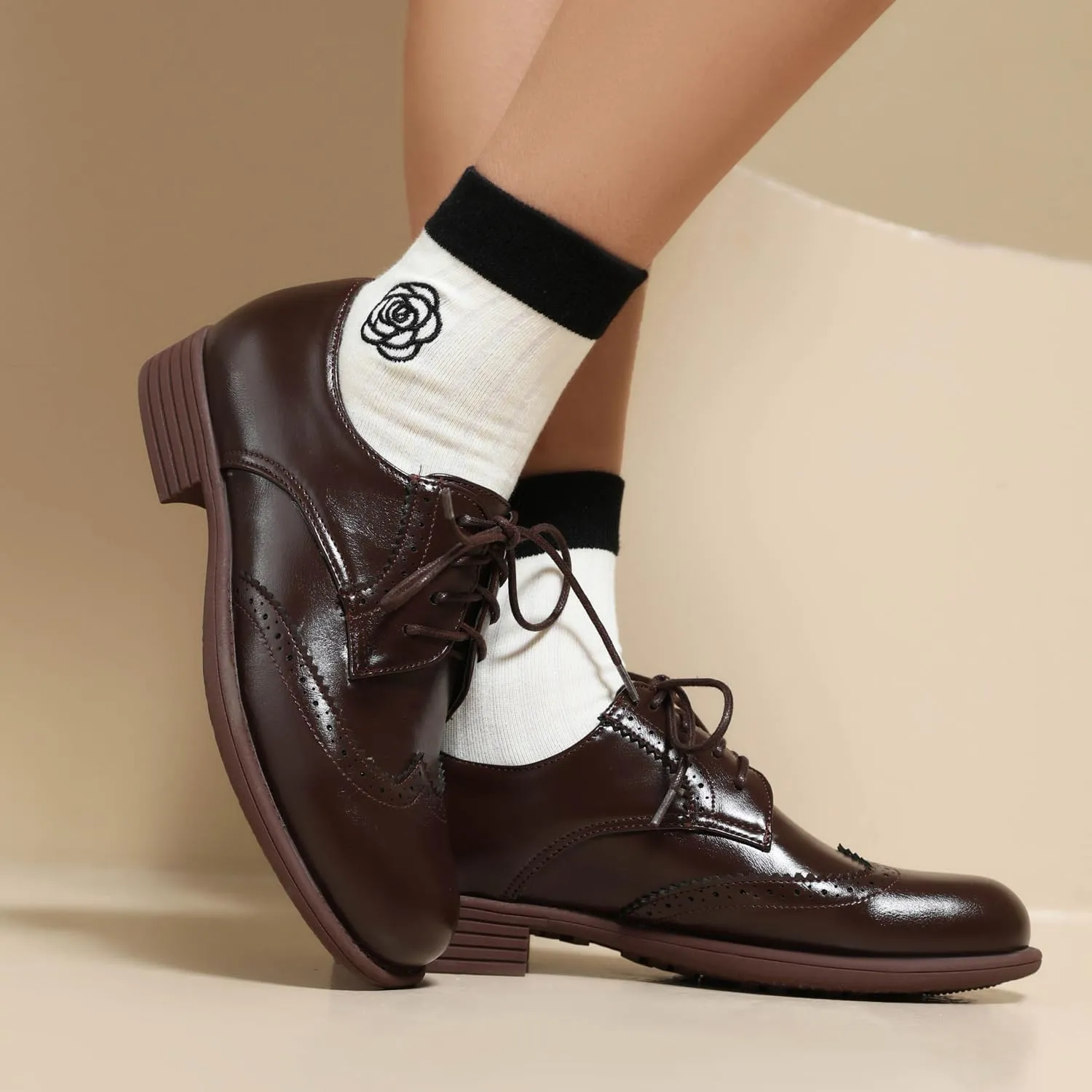 Women's Oxford Shoes Leather Brogues Chunky Heels Lace-up Dress Shoes