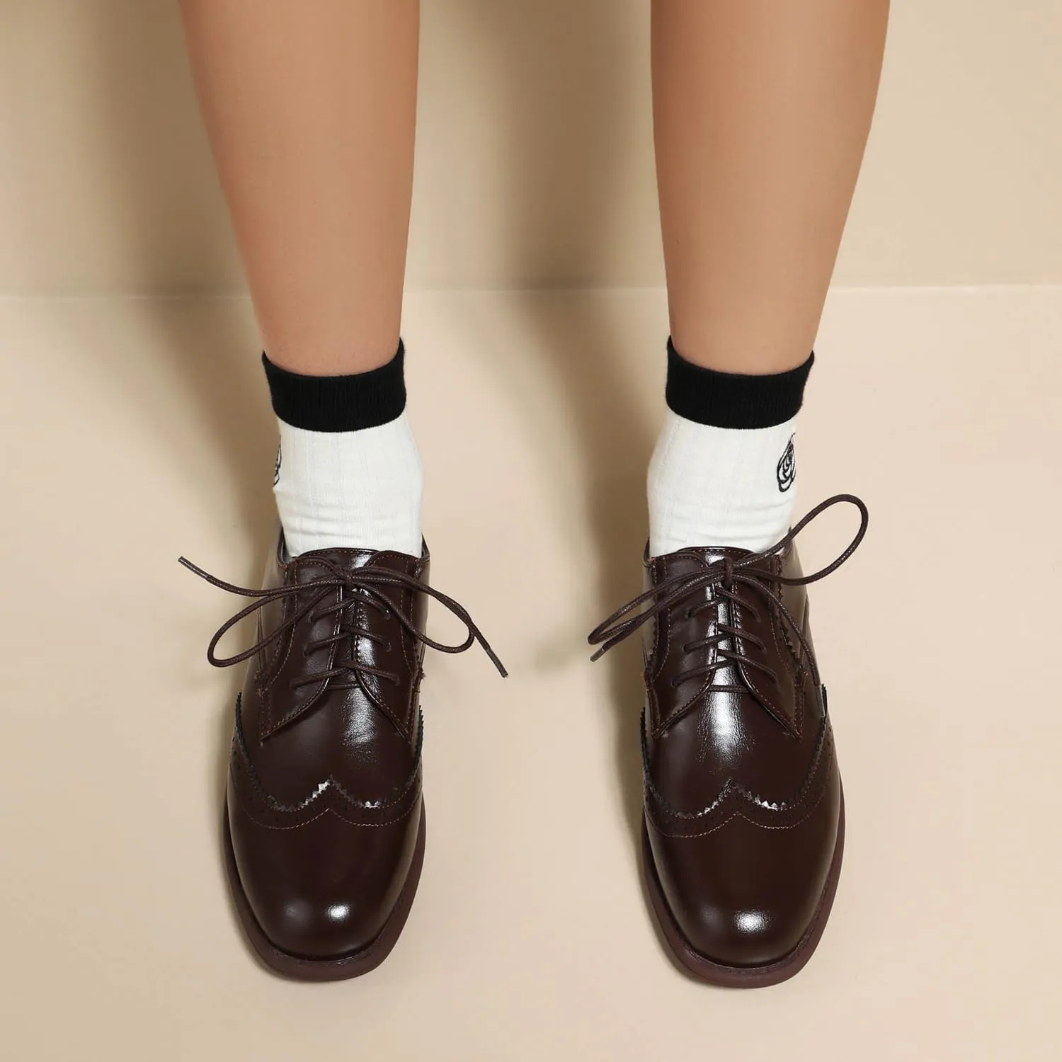 Women's Oxford Shoes Leather Brogues Chunky Heels Lace-up Dress Shoes
