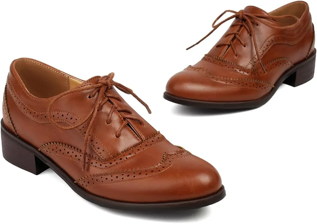 Women's Perforated Classic Lace-up Oxfords Brogue Wingtip Round Toe Derby Saddle Faux Leather Flat Shoes Evening Party Work Jeans Dress Shoes