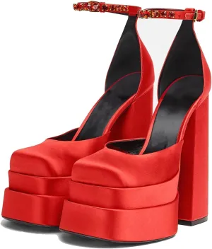 Womens Platform Chunky Heel Dress Pumps Ankle Strap Block High Heel Silk Satin Square Toe Rhinestones Heeled Pumps